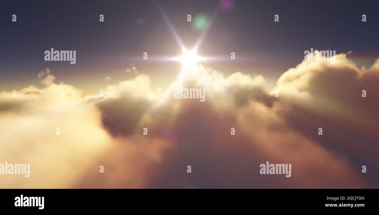 Sun Rays Render above clouds sunrise sun ray illustration, 3d rendering Stock Photo - Alamy
