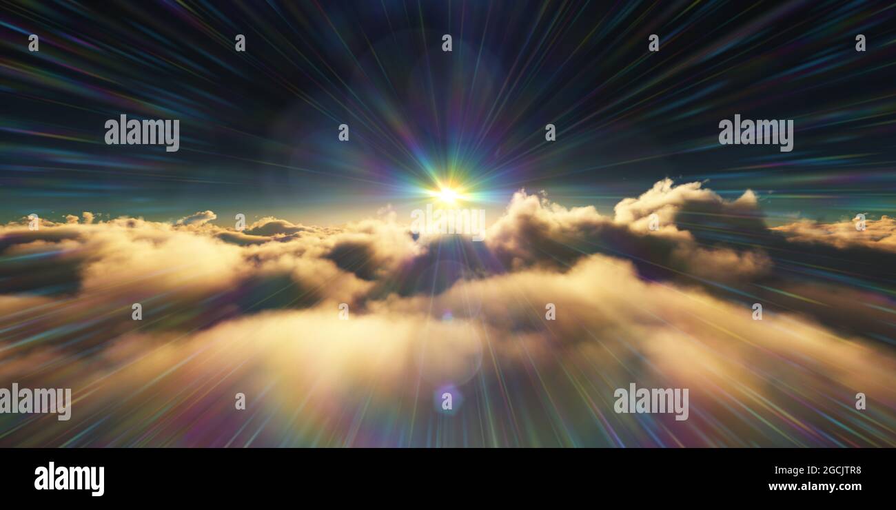 Sun Rays Render above clouds sunrise sun ray illustration, 3d rendering Stock Photo - Alamy