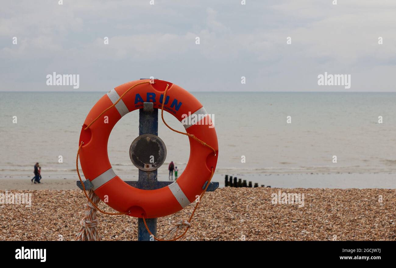 Lifebuoy seen on the beach of Bognor Regis. Stock Photo