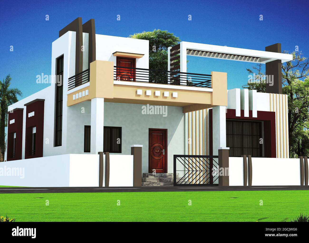 3D rendering of a house exterior design withan open gate Stock ...