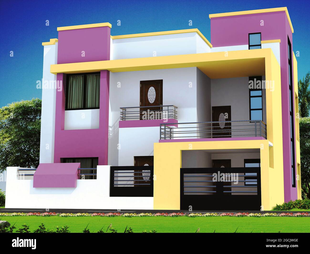 3D rendering of a big duplex house with a colorful abstract design ...