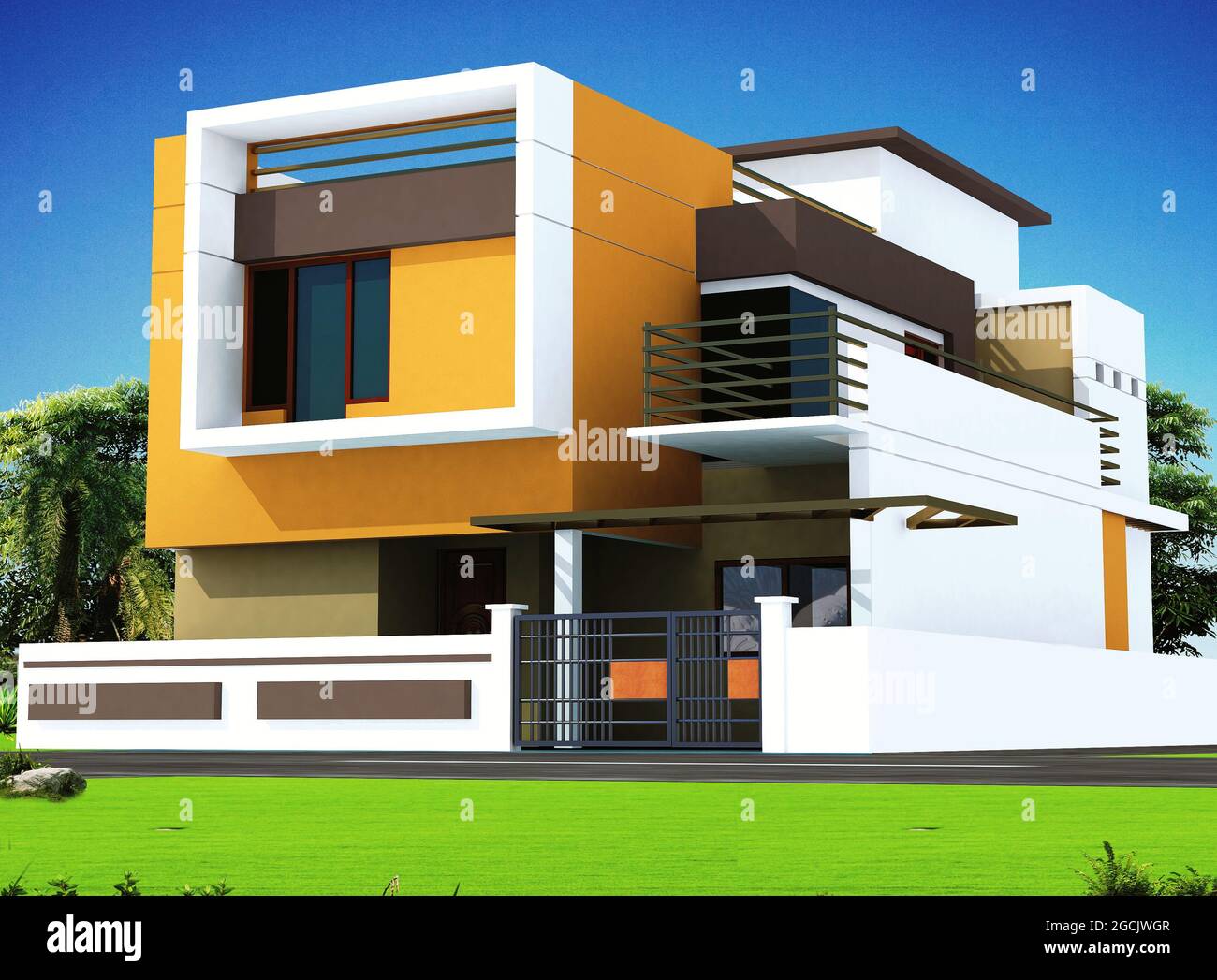 3D rendering of a duplex house exterior design with orange color ...