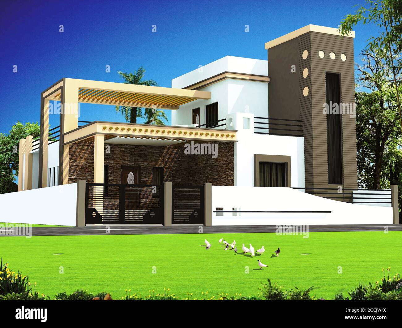 3D rendering of a two storage duplex house with an abstract ...