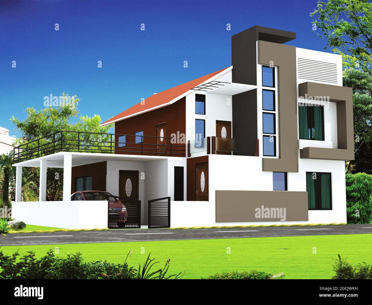 3D rendering of a duplex house with an abstract exterior design and a car  Stock Photo - Alamy