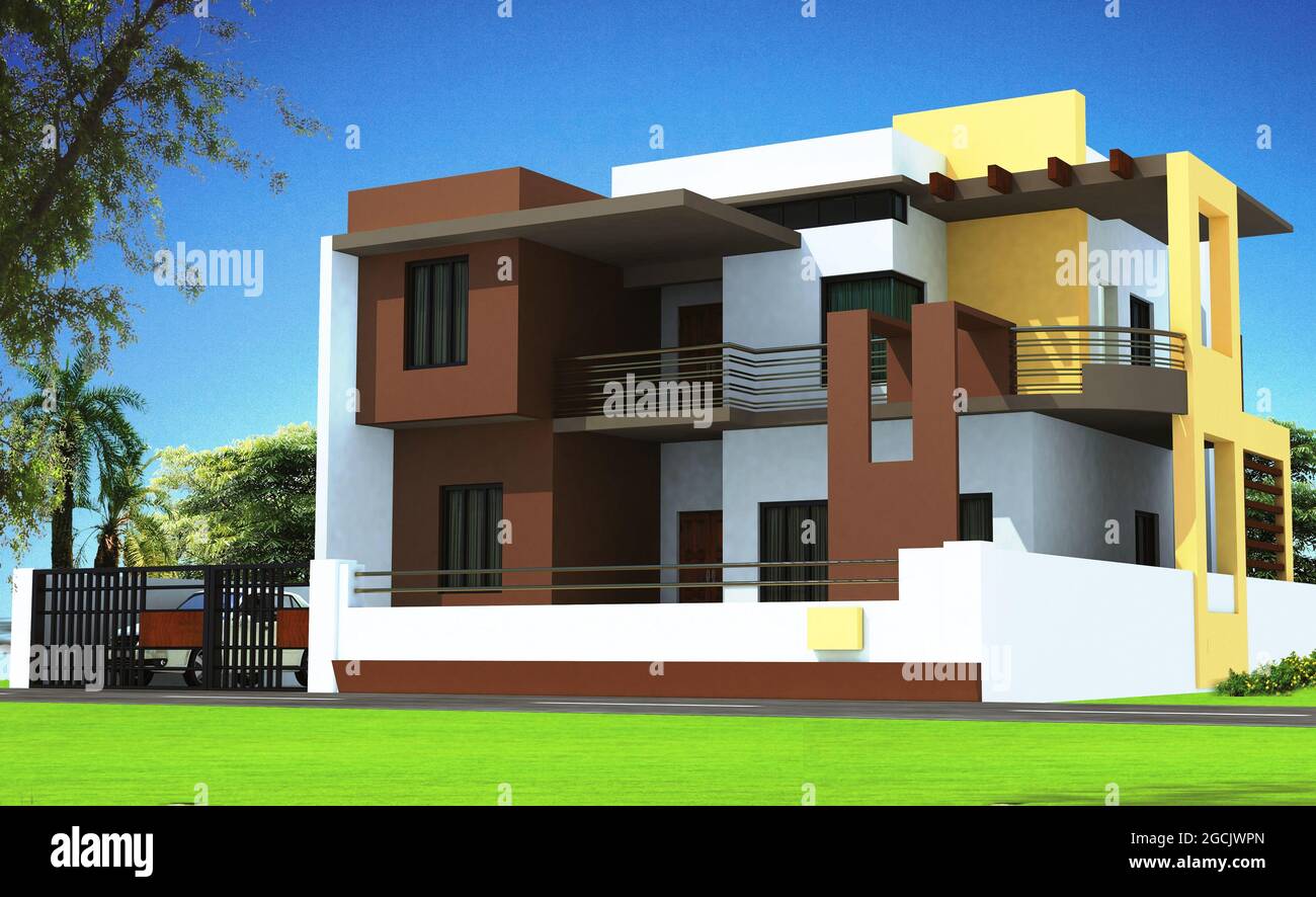 3D rendering of a big two storage house with a modern design Stock