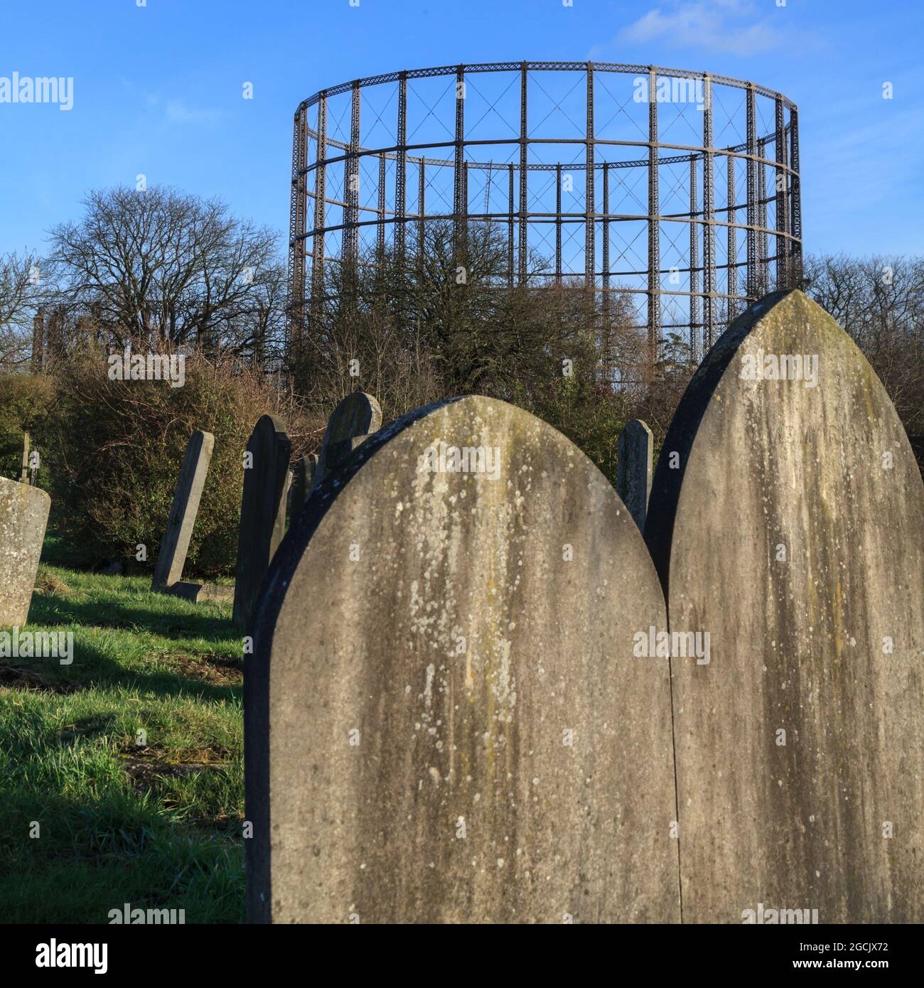 Gravestones and gasometer, Kensal Green Cemetery, Victorian gothic ...