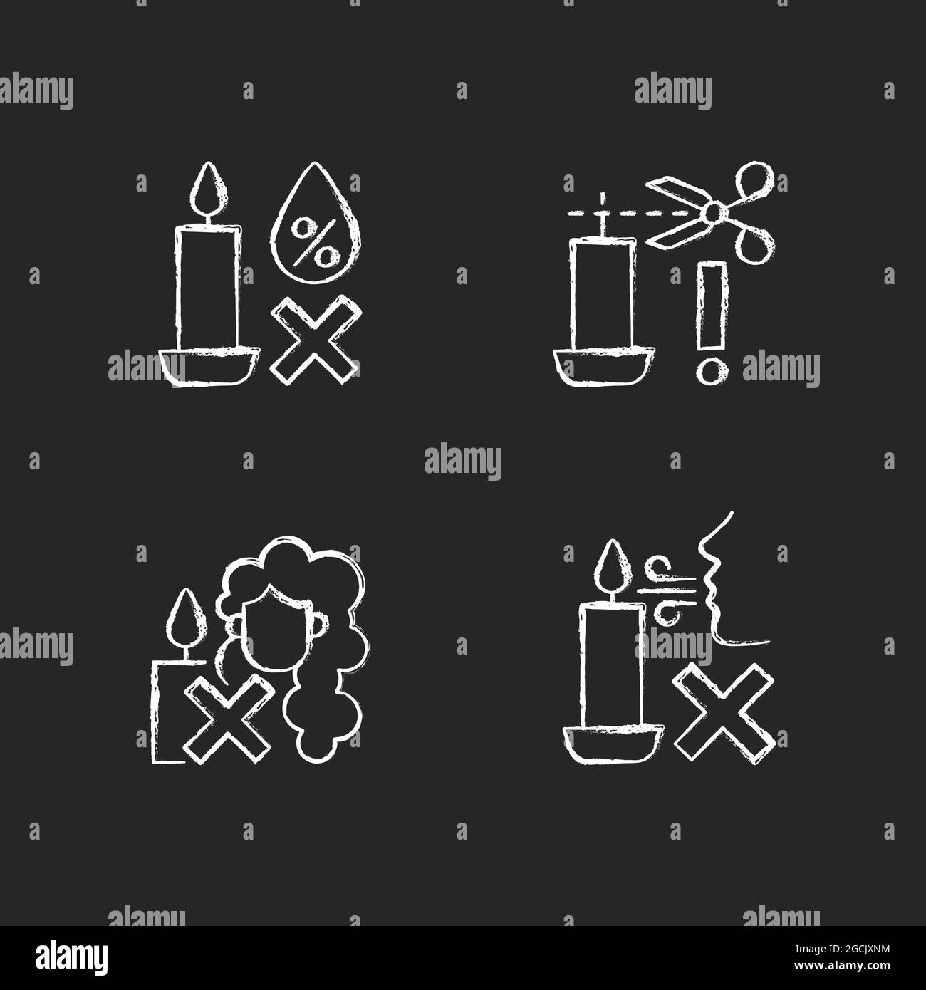 Candle safety warning chalk white manual label icons set on dark