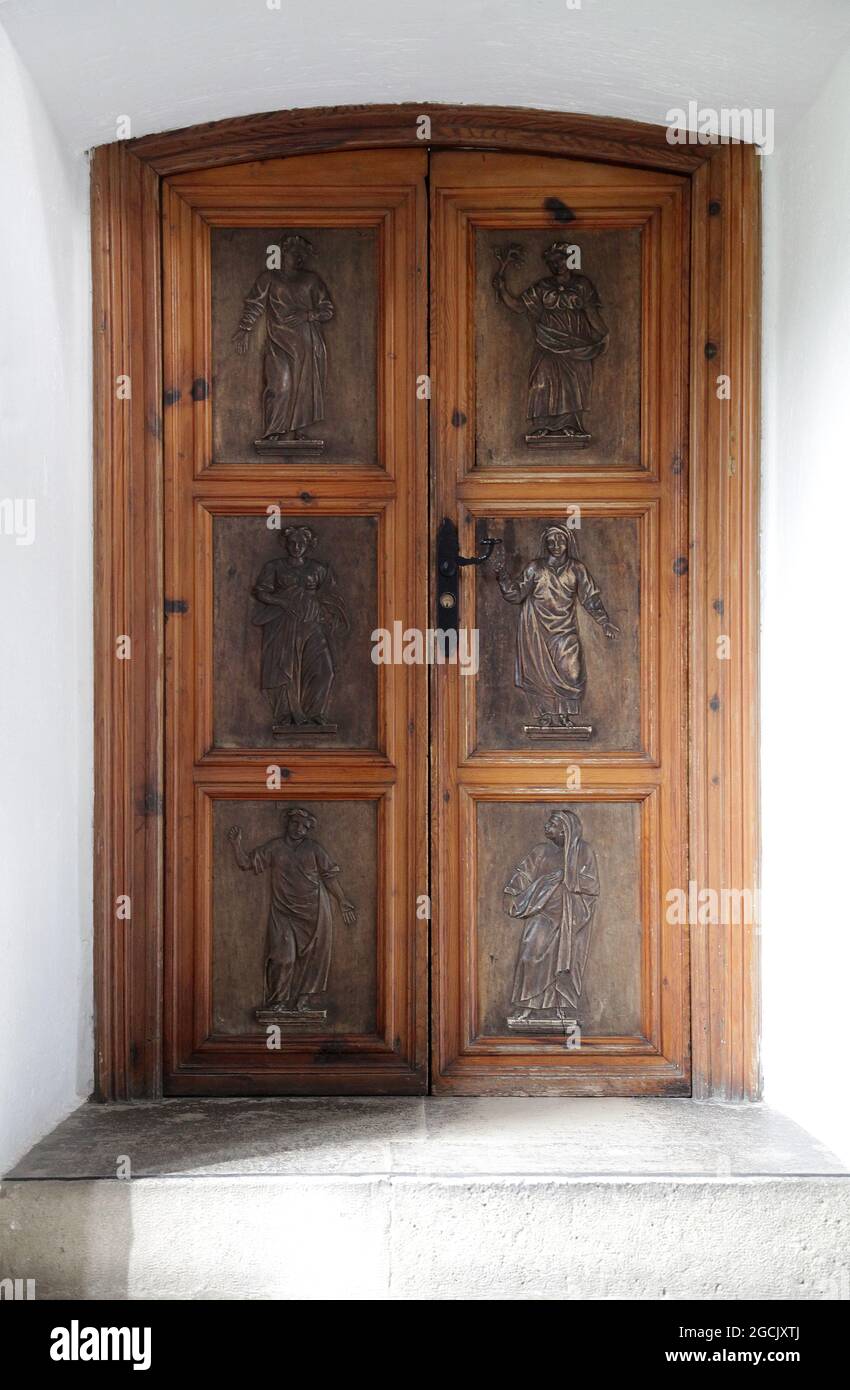 Puerta con Alegorías / Door with Allegories / circa 1600 / Carved Wood / UGR Collection / University of Granada Spain Stock Photo
