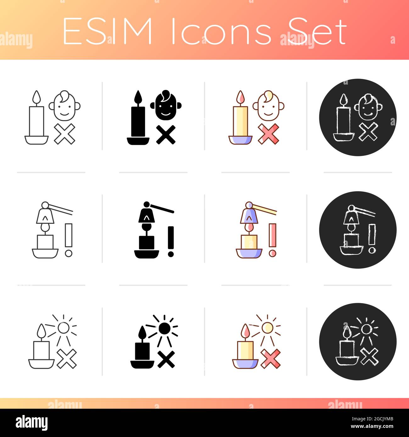 Candle safety precautions manual label icons set Stock Vector Image