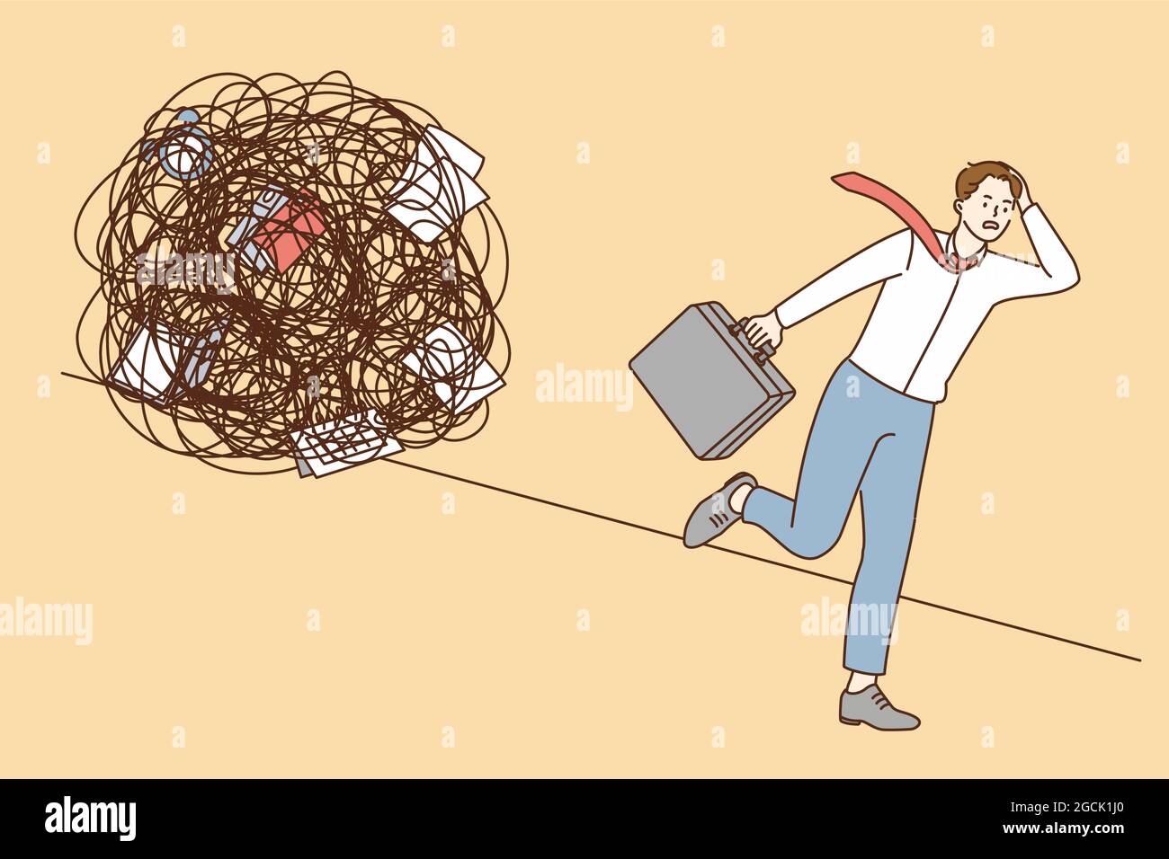 Stress, overload, burnout at work concept. Young stressed businessman worker cartoon character running away from messy chaotic circle of duties vector illustration  Stock Vector