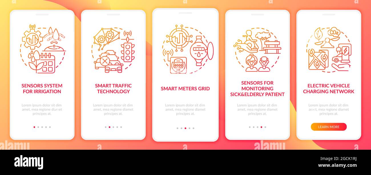 Smart city projects gradient red onboarding mobile app page screen Stock Vector