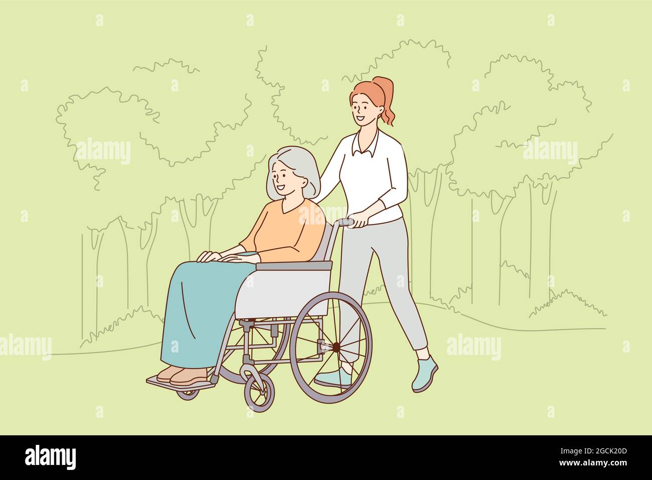 Taking care of disabled elderly people concept. Young smiling lady
