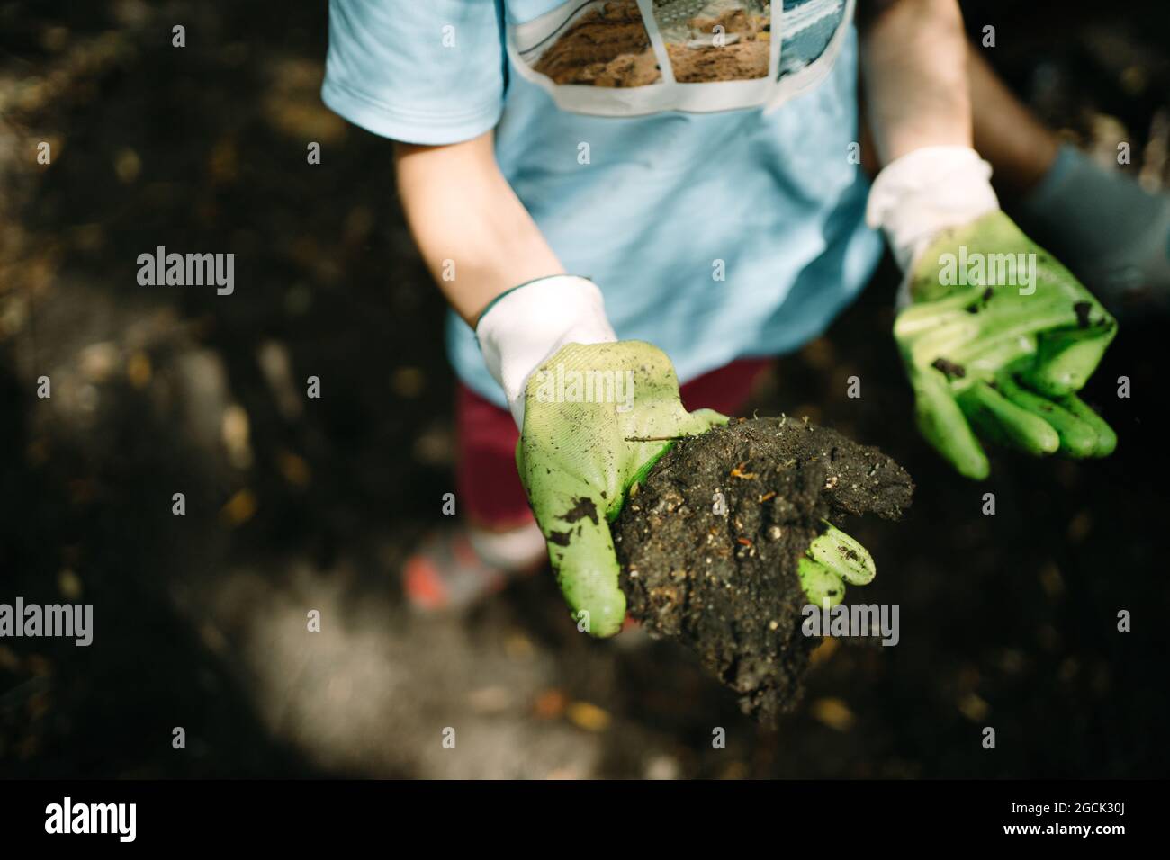From above crop anonymous child volunteer in protective gloves collecting trash in summer nature Stock Photo