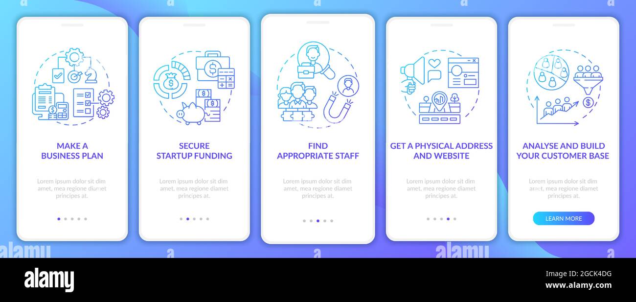 Startup launch steps gradient onboarding mobile app page screen Stock Vector