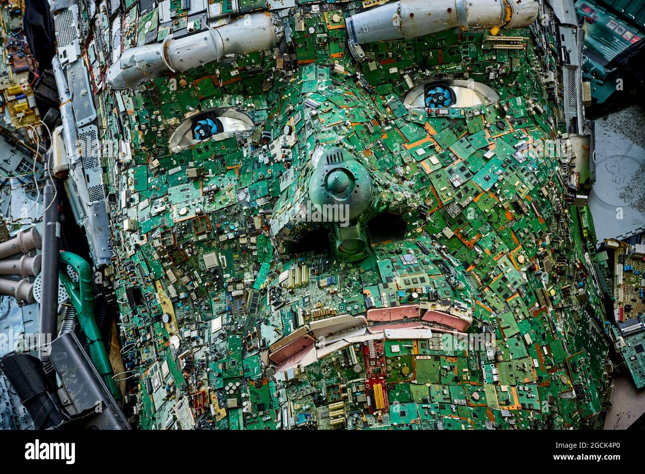 Stockport MusicMagpie giant Mount Rushmore style sculpture G7 leaders head's made entirely of discarded electronics American President Joe Biden Stock Photo