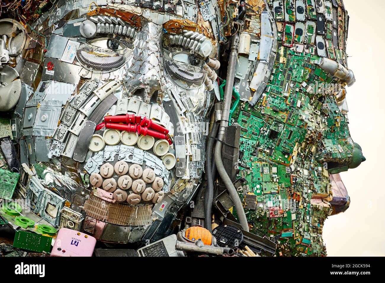 Stockport MusicMagpie giant Mount Rushmore style sculpture G7 leaders heads made entirely of discarded electronics Angela Merkel Joe Biden Stock Photo