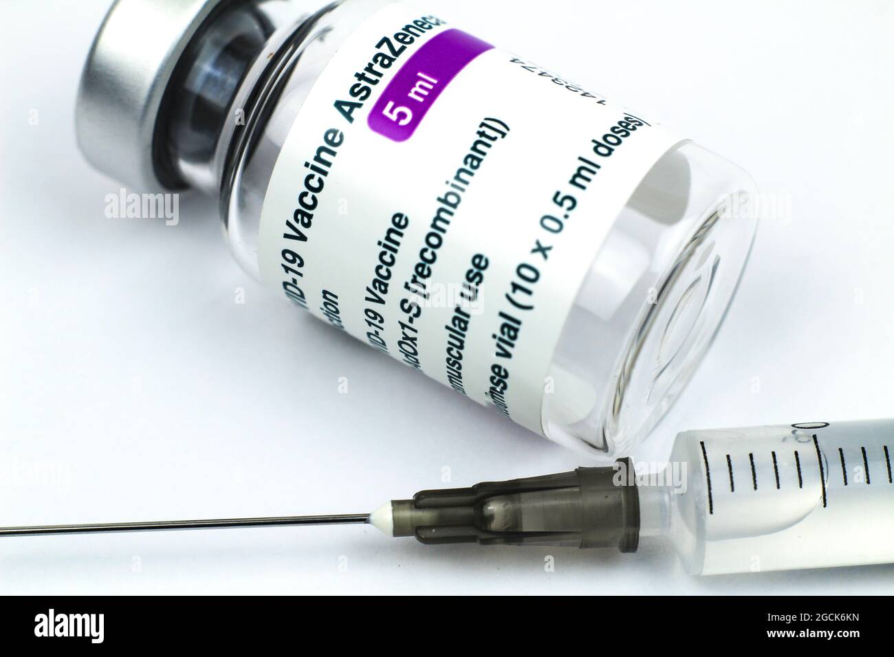 Madrid, Spain- August 6, 2021: Syringe and vial with Astrazeneca covid ...