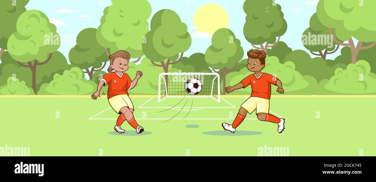 Football teenage players kicking soccer ball green soccer field background  vector, flat, cartoon style, comic Stock Vector Image & Art - Alamy