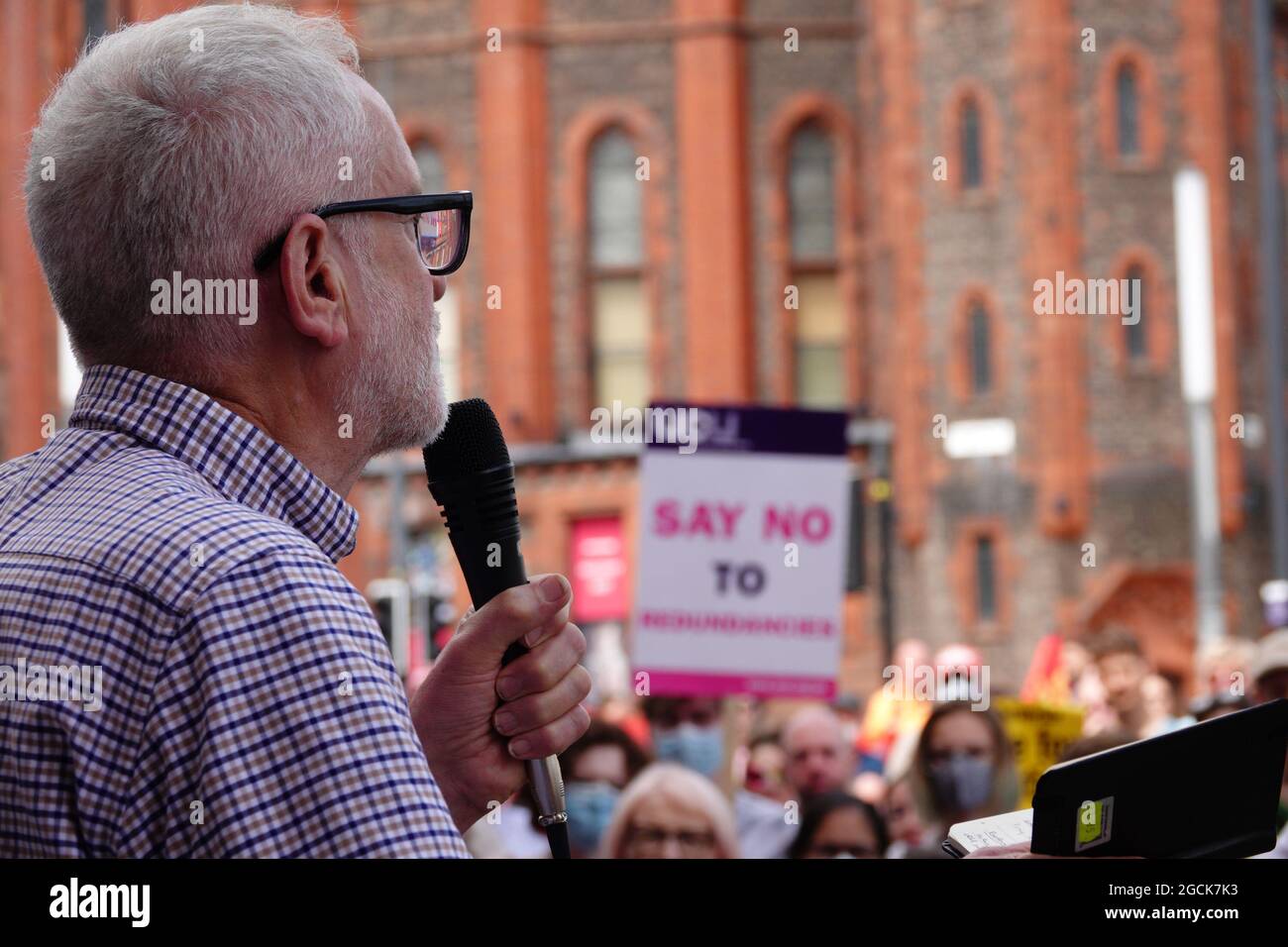 Liverpool, UK. 9th Aug, 2021. Jeremy Corbyn speaks to members of the University and College Union (UCU) at a rally at University Square to defend jobs in Liverpool University health and life sciences that remain under threat, after concerted collective action saved a large proportion of the positions targeted for redundancy by the university's administration. UCU has been involved in industrial action for months, after an overwhelming vote among UCU members across the university in favour of strike action, to defend 47 staff. Credit: ken biggs/Alamy Live News Stock Photo