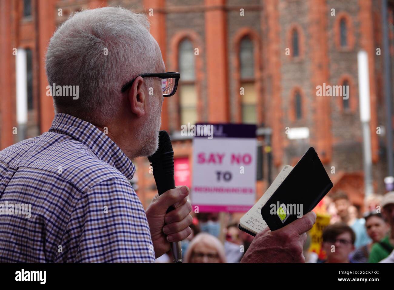 Liverpool, UK. 9th Aug, 2021. Jeremy Corbyn speaks to members of the  University and College Union (UCU) at a rally at University Square to  defend jobs in Liverpool University health and life