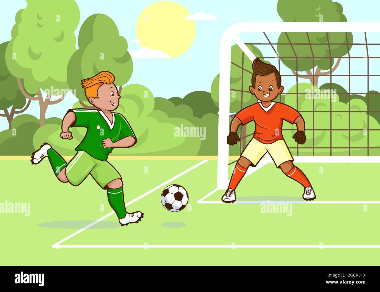 Teenage Soccer Players Kicking Soccer Ball Green Soccer Field Soccer Goal Background Vector Flat Cartoon Style Comic Stock Vector Image Art Alamy
