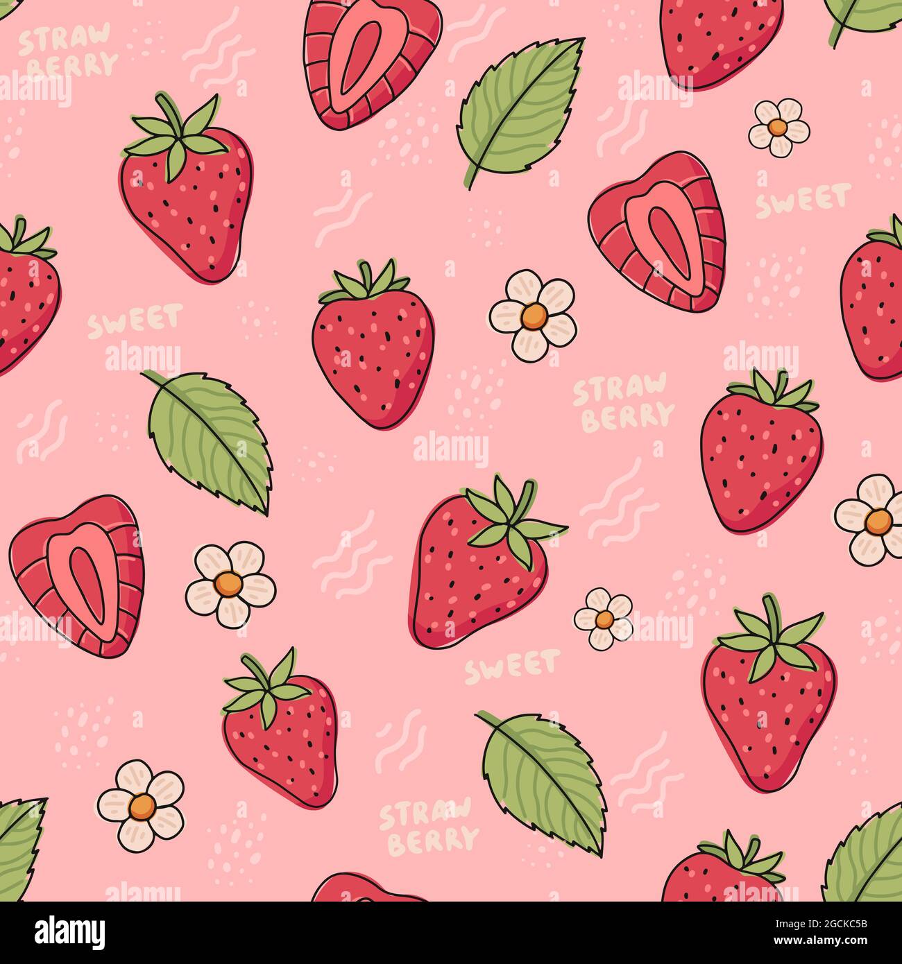 Strawberry hand drawn seamless pattern. Cute colorful strawberries with ...