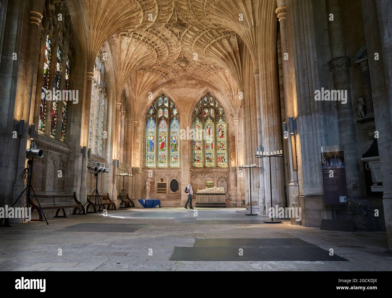 The east end with its stone fan vaulting at the medieval christian cathedral in Peterborough, England. Stock Photo
