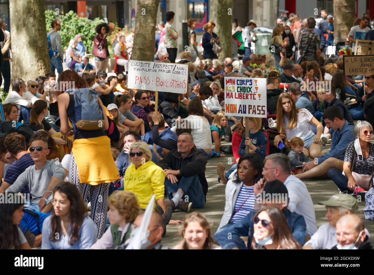 Covid sanitary protest against sanitaty pass and against mandatory vaccination. Laval (Mayenne, Loire country, France), august 7, 2021. Stock Photo