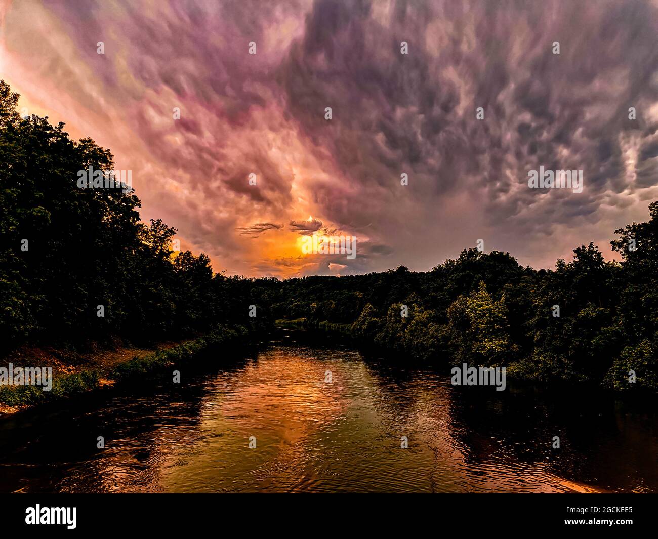 Silhouette of trees near the lake on a colorful sunset Stock Photo - Alamy