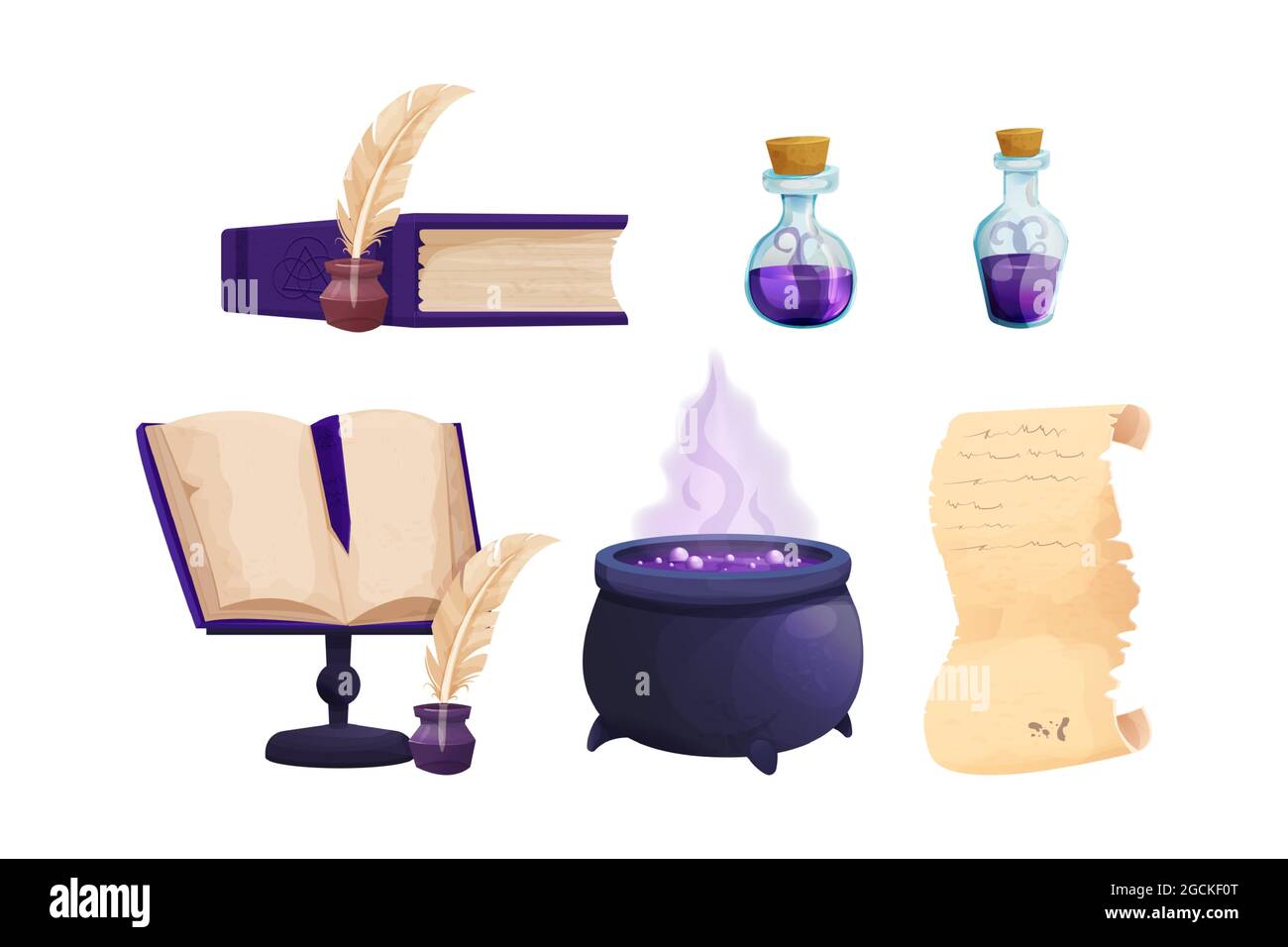 Set Witchcraft tools Magic Bottles with liquid potion, witch cauldron, parchment scroll with quill, old books, candles in cartoon style isolated on white background. alchemy asset. Vector illustration Stock Vector