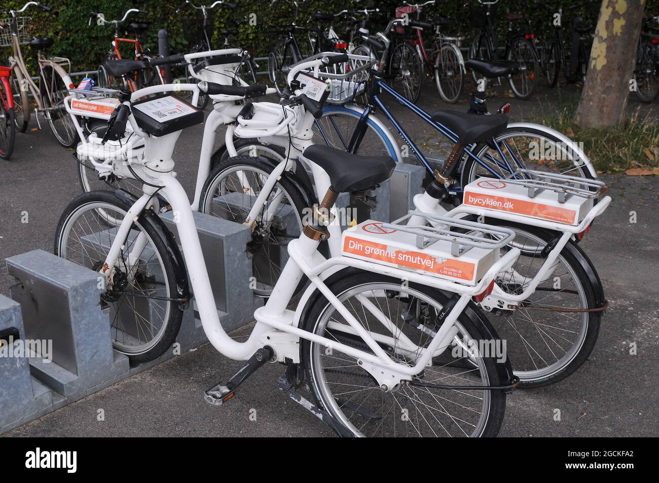 Copenhagen, Denmark.,09 August 2021, White colour electric rental bike parked at Metro train station in danish capiutal Copenhagen Denamrk.    (Photo. Stock Photo
