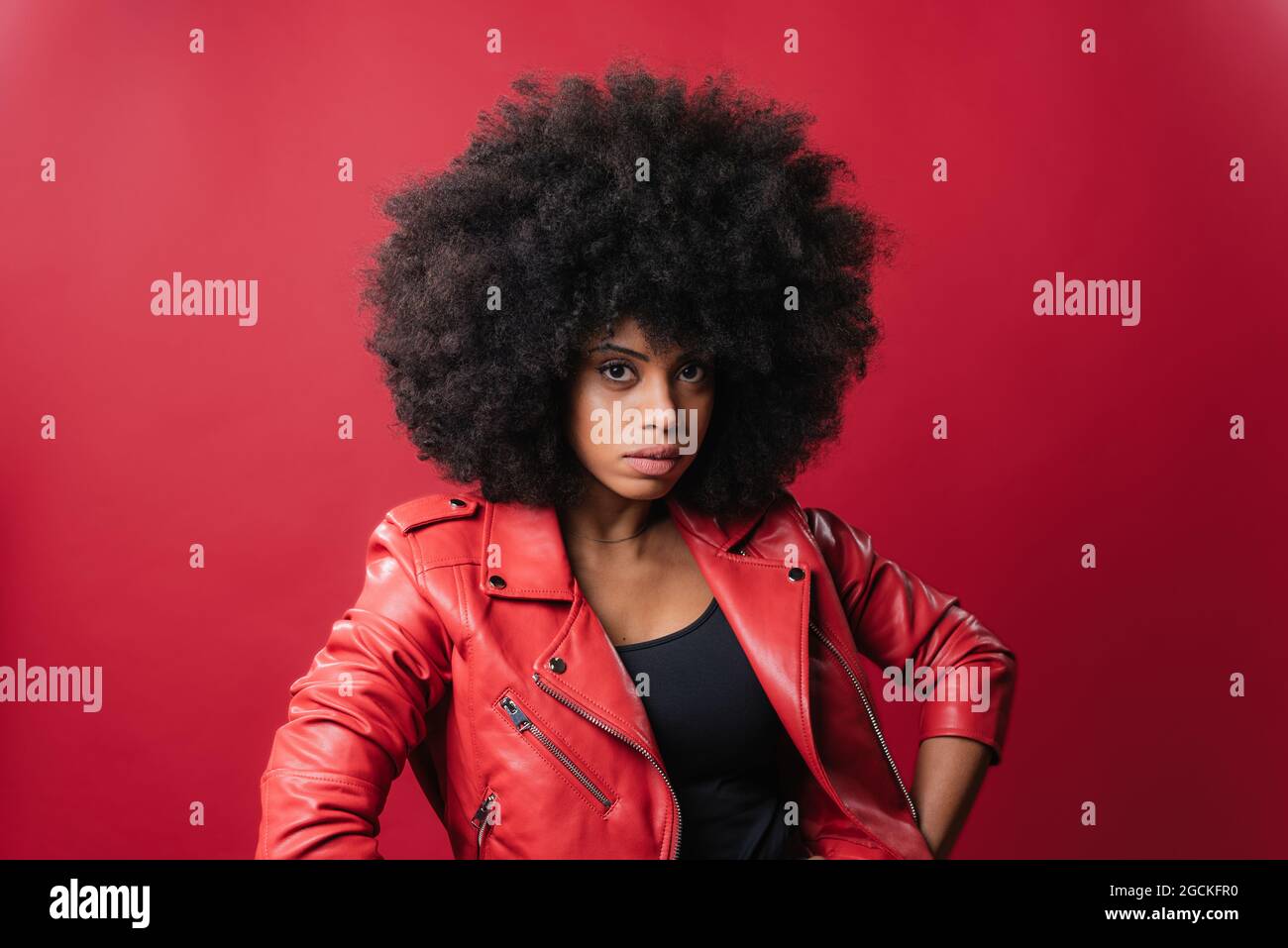 Delighted African American female with Afro hairstyle looking at camera on red background in studio Stock Photo