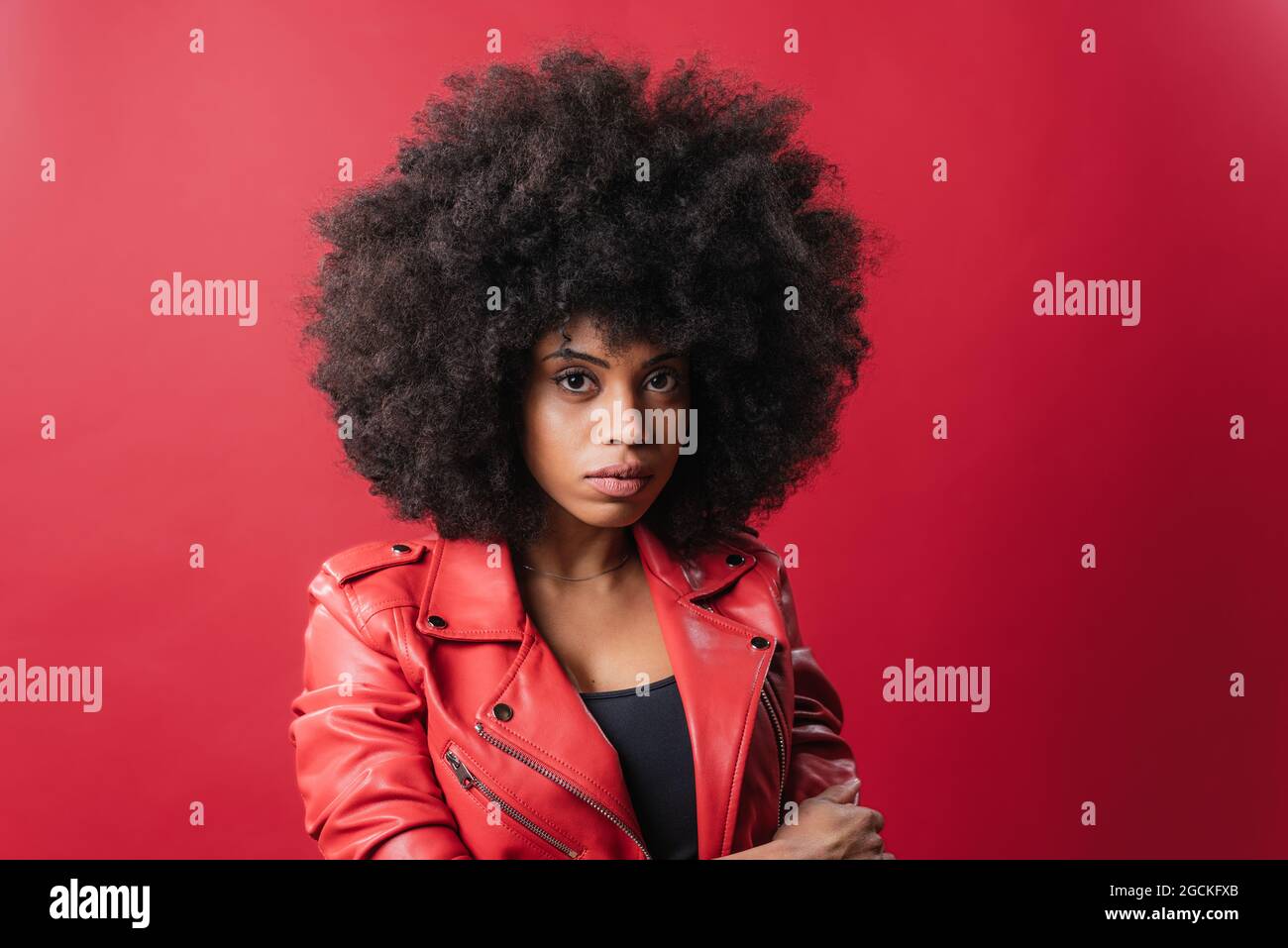 Delighted African American female with Afro hairstyle looking at camera on red background in studio Stock Photo