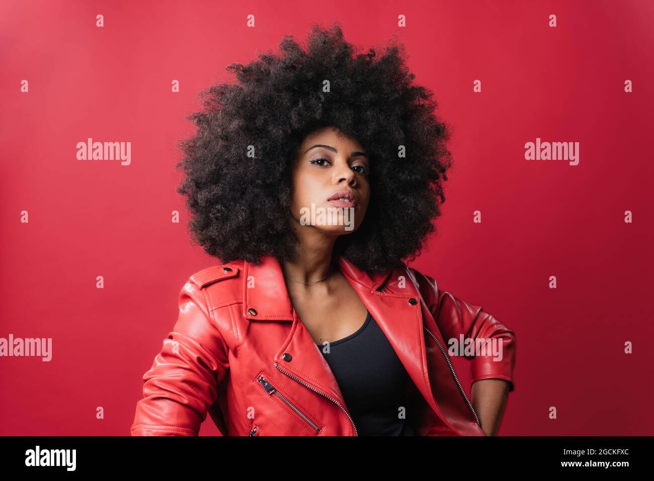 Delighted African American female with Afro hairstyle looking at camera on red background in studio Stock Photo