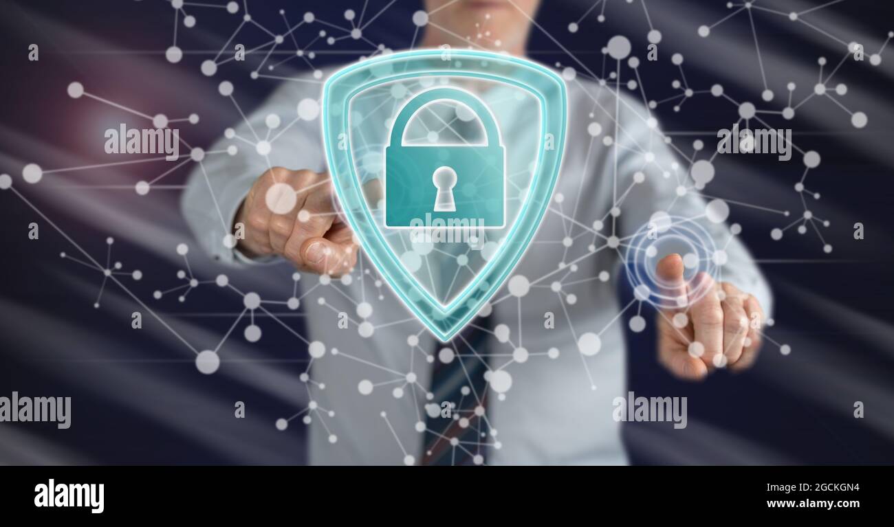 Man touching a data security concept on a touch screen with his fingers ...