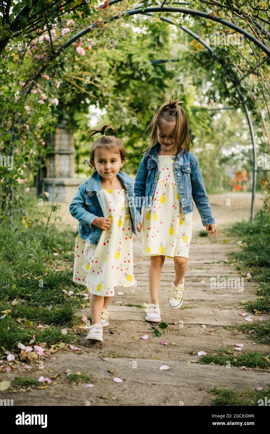 Full body of adorable little girls in similar dresses and denim jackets holding hands while walking together through arched pathway in green summer pa Stock Photo Alamy