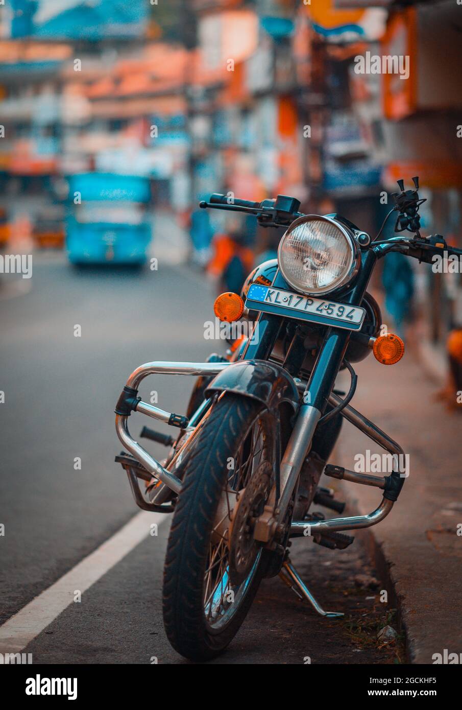 Royal Enfield Parked on road side Stock Photo