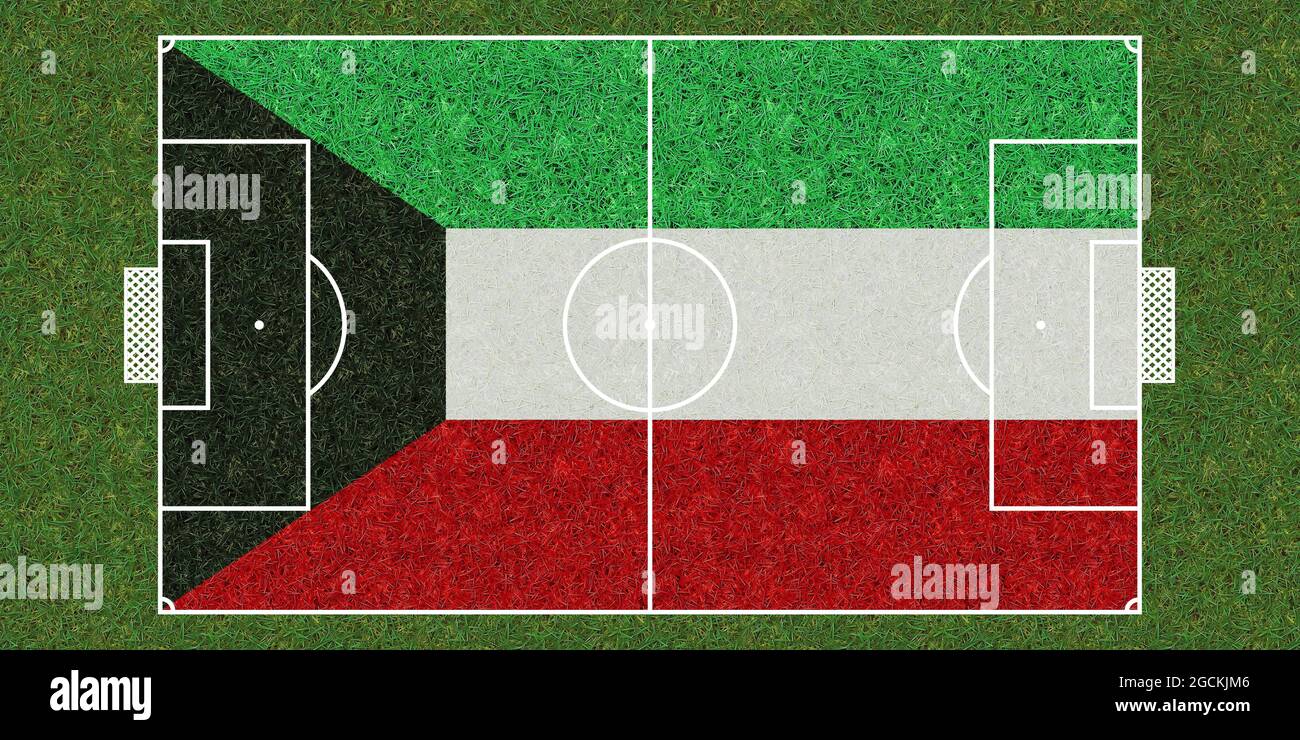 Top view of Green grass soccer field with flag of Kuwait. football