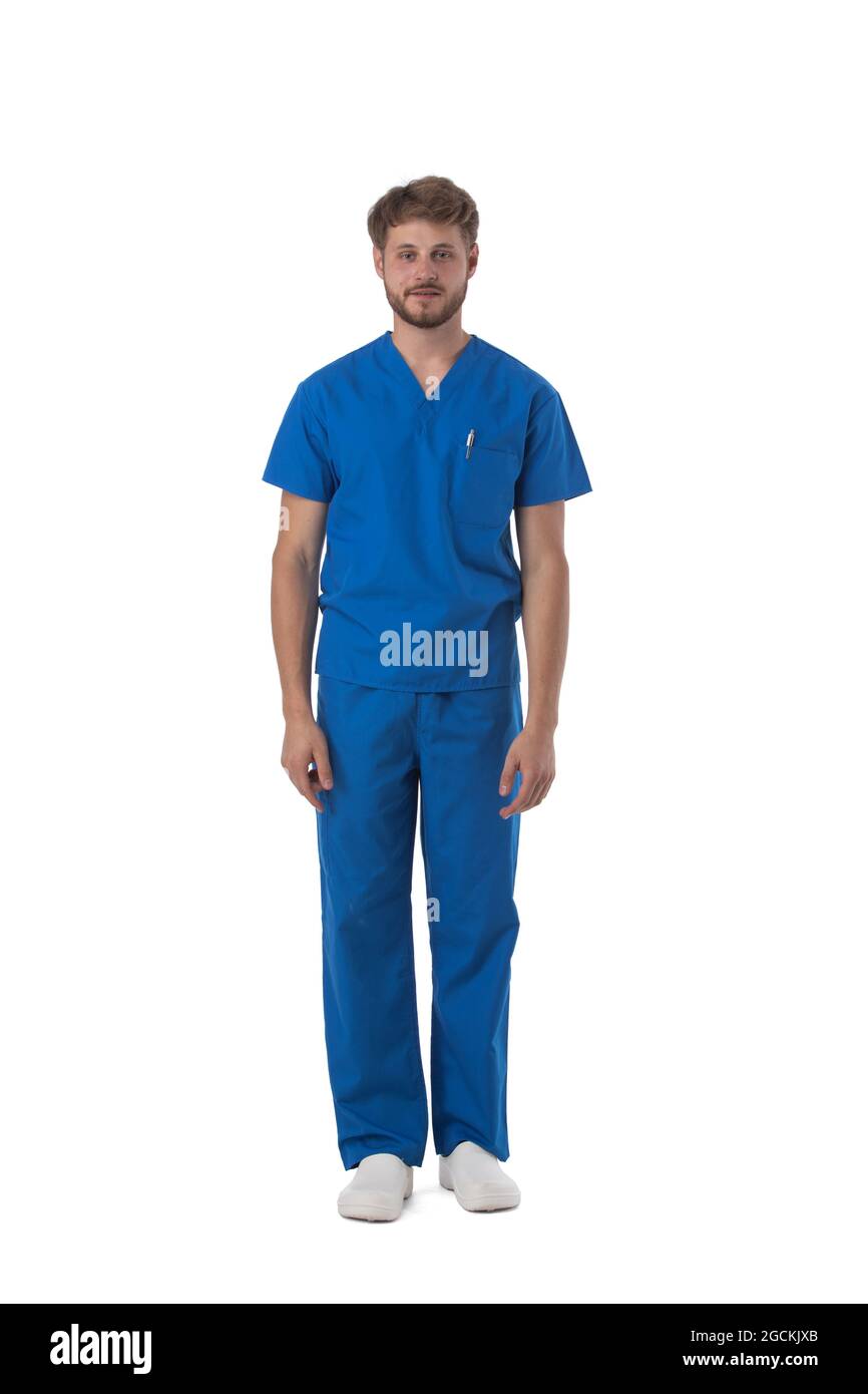 Male nurse or doctor in blue uniform studio full length portrait