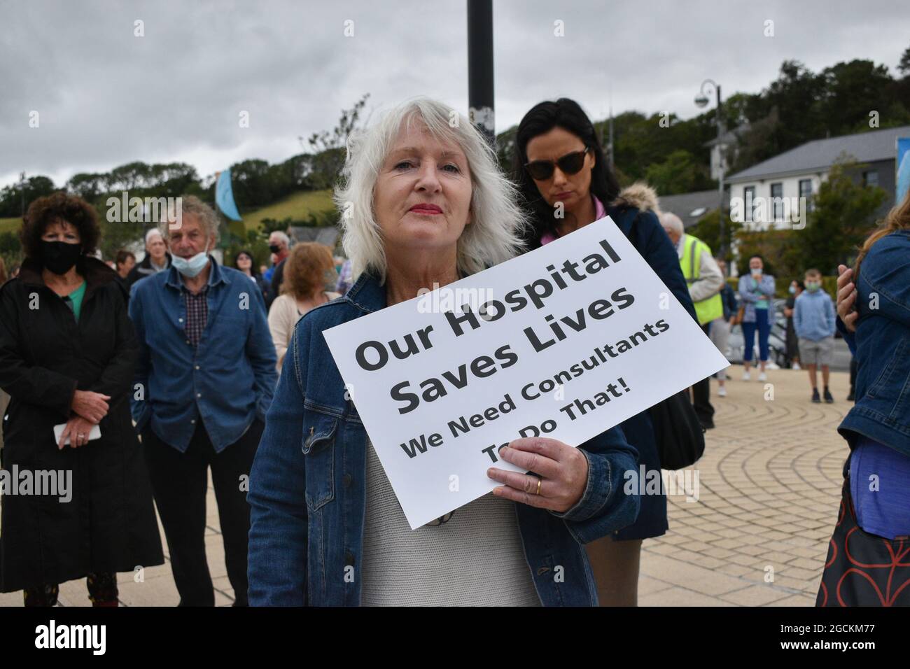 Bantry, West Cork, Ireland. 8th August 2021. Thousands of people marched through the streets of Bantry to save Bantry General Hospital . local resident Pauline O'Sullivan protesting to save Bantry hospital. Credit: Karlis Dzjamko/Alamy Live News Stock Photo