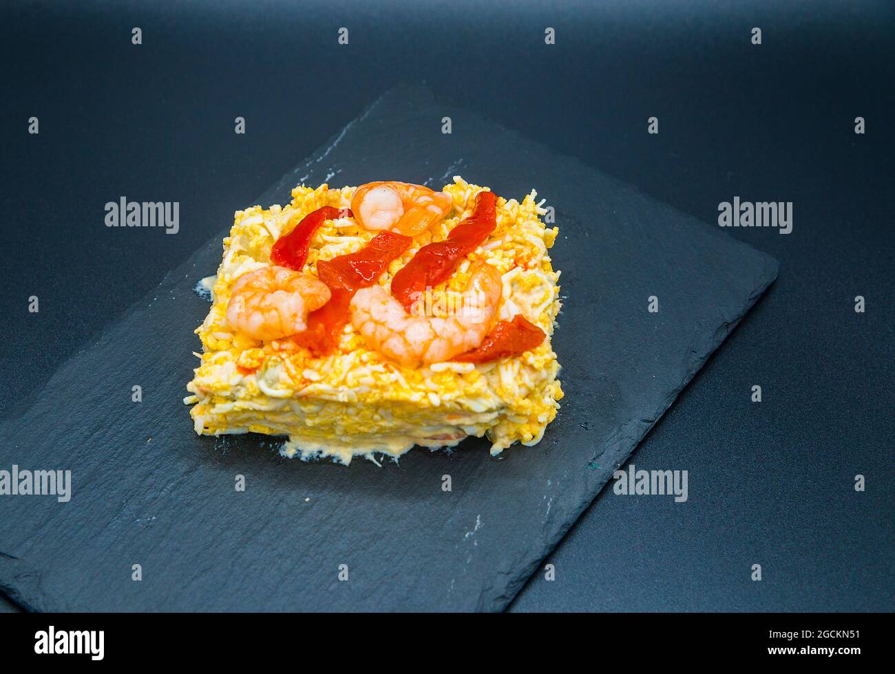 Russian salad serving. Spain. Stock Photo