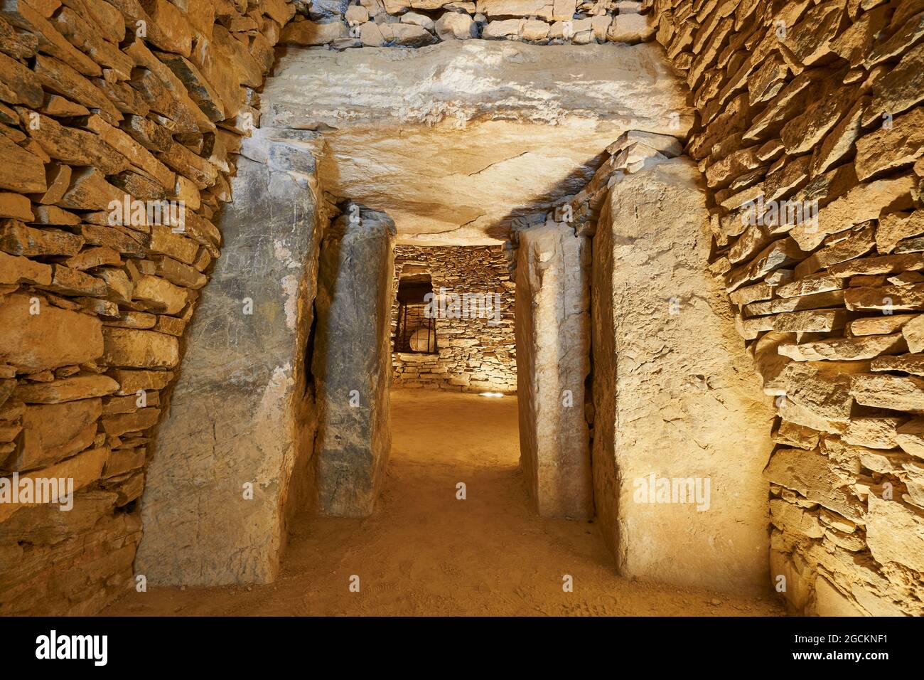 interior of the Dolmen del Romeral (tholos El Romeral) megalithic monument, declared a World Heritage Site by UNESCO in Antequera, Malaga. Andalusia, Stock Photo