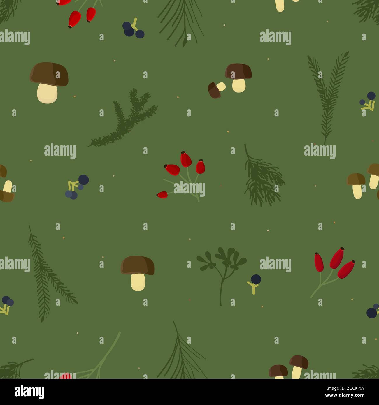 Forest mushrooms, rose hips and tree branches - vector background Stock Vector