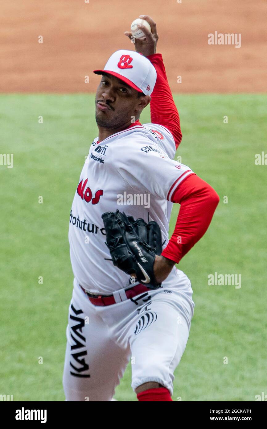 Mexico City, Mexico. 07th Aug, 2021. MEXICO CITY, MEXICO - AUGUST 7: Juan Carlos Ramirez (66) of the Diablos Rojos pitches during the first match of the series of Playoffs between the Diablos Rojos and the Quintana Roo Tigres of Mexican Baseball League at Alfredo Harp Helu Stadium on August 7, 2021 in Mexico City, Mexico. (Photo by Eyepix Group/Pacific Press) Credit: Pacific Press Media Production Corp./Alamy Live News Stock Photo