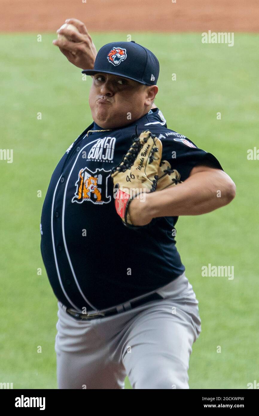 Mexico City, Mexico. 07th Aug, 2021. MEXICO CITY, MEXICO - AUGUST 7: Javier  Solano (00) of theQuintana Roo Tigres pitches during the first match of the  series of Playoffs between the Diablos