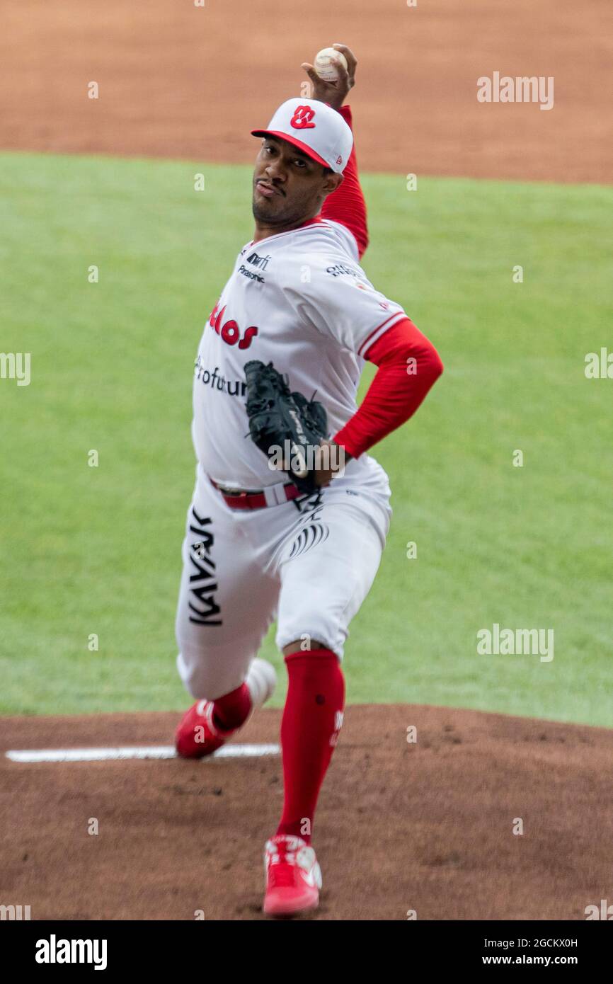MEXICO CITY, MEXICO - AUGUST 7: Juan Carlos Ramirez (66) of the Diablos Rojos pitches during the first match of the series of Playoffs  between the Diablos Rojos  and the Quintana Roo Tigres of  Mexican Baseball League at Alfredo Harp Helu Stadium on August 7, 2021 in Mexico City, Mexico. (Photo by Eyepix Group/Pacific Press) Stock Photo