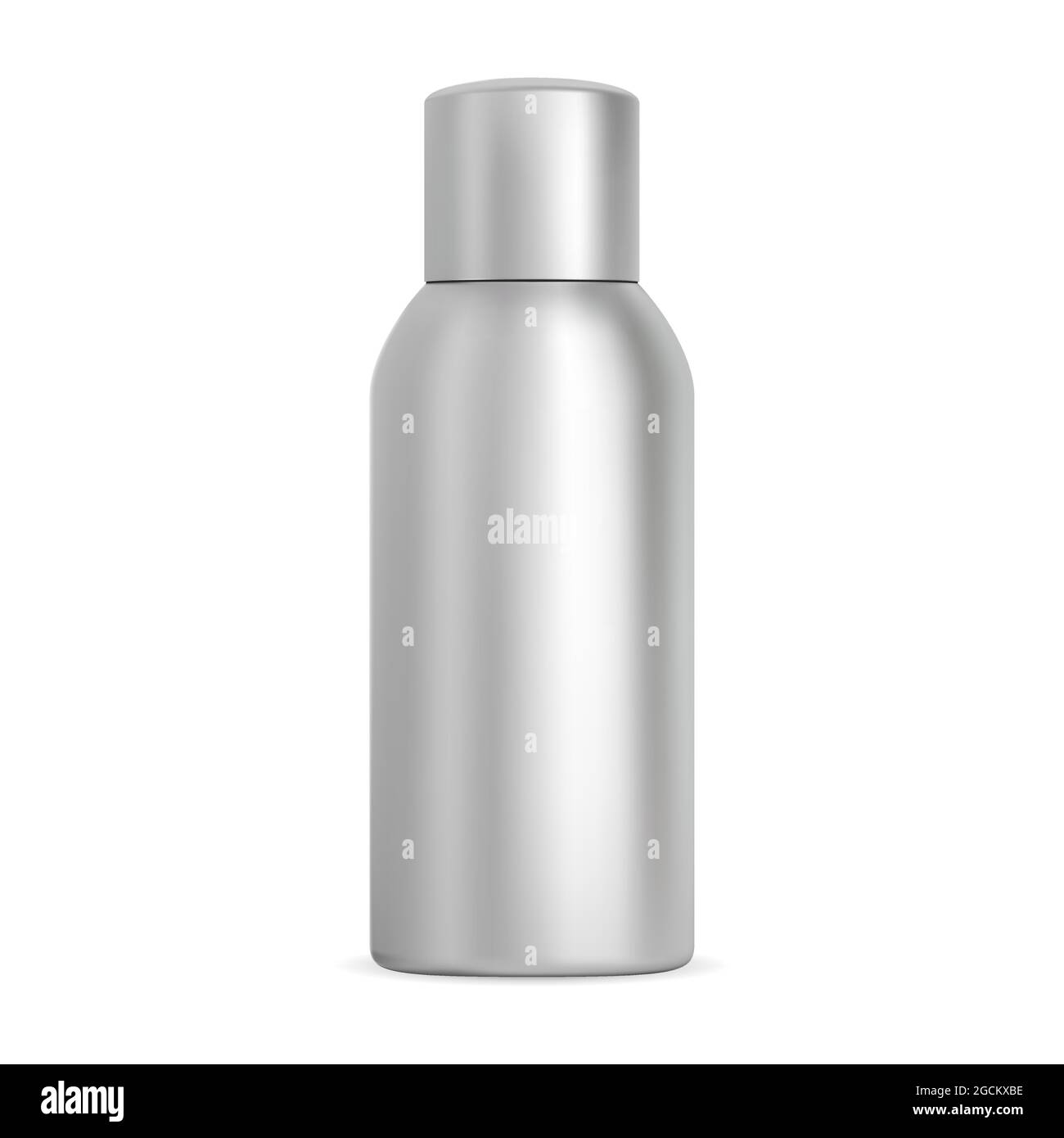Aluminium spray bottle. Cosmetic aerosol, hairspray metal tube, deodorant container design. Silver tin illustration design, isolated antiperspirant pr Stock Vector