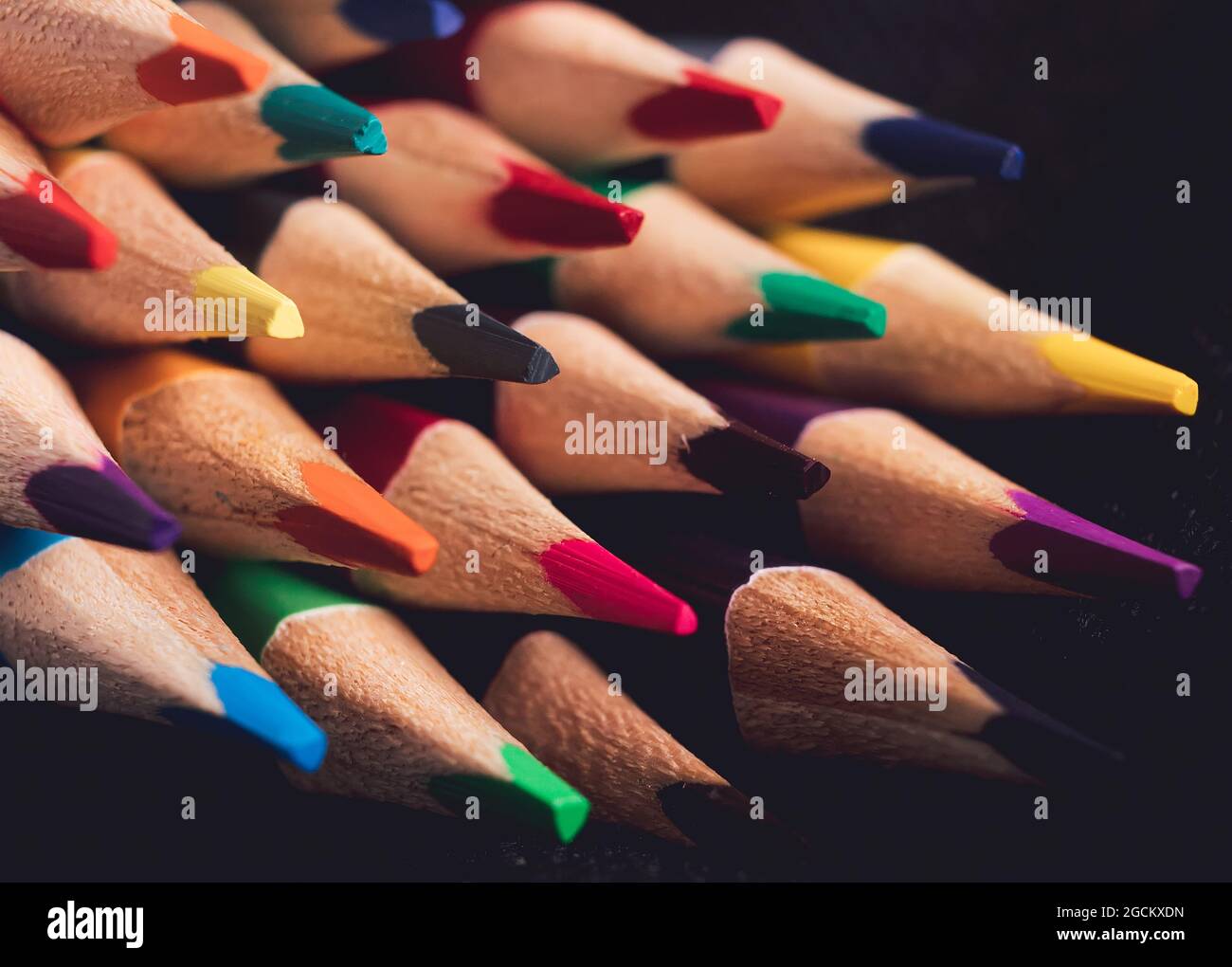 Abstract background for creativity. Lots of colored pencils on a dark background. Sharp tips of wooden pencils. Stock Photo