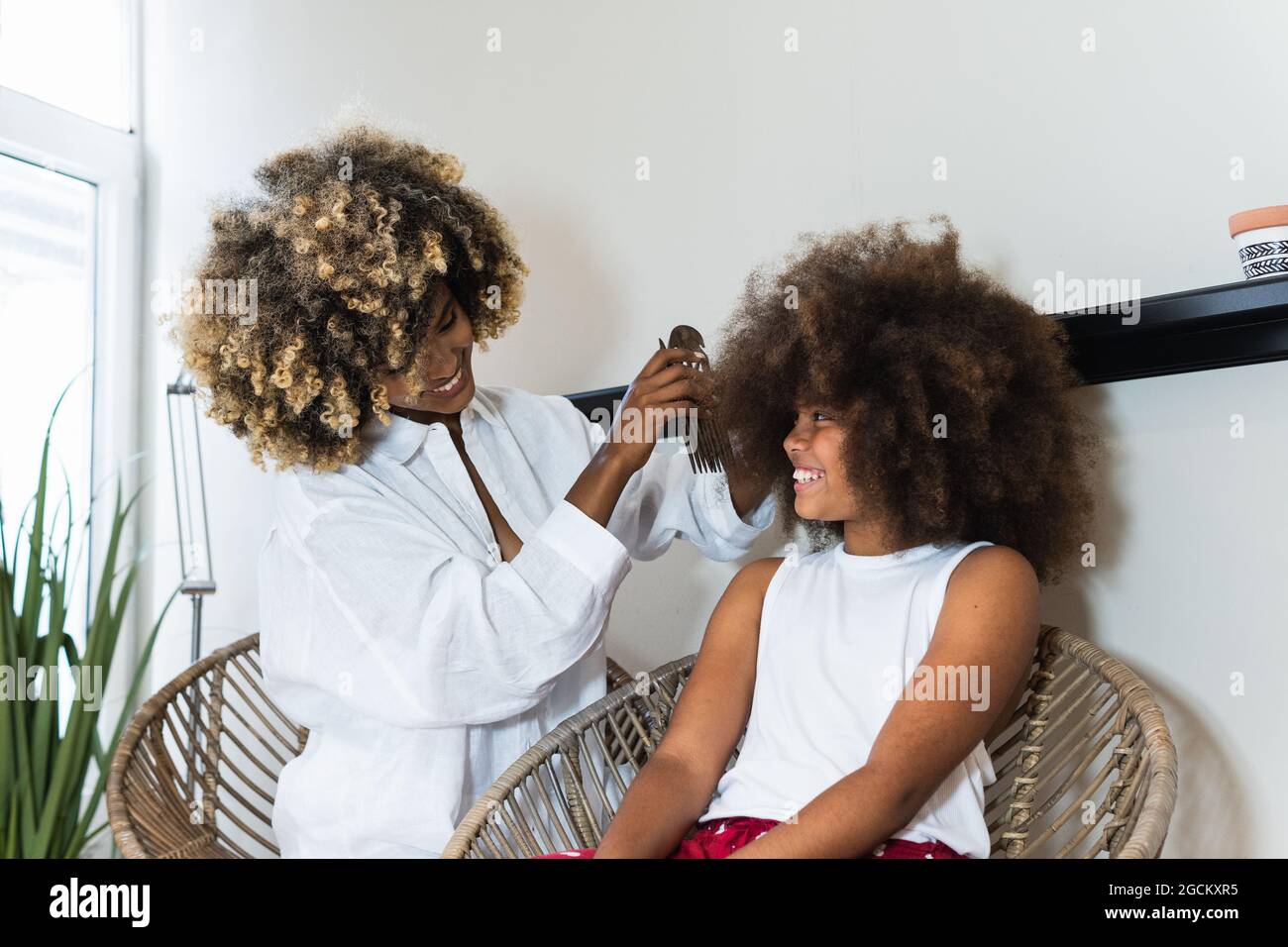 African American mother combing curly hair of cute teenage girl sitting in  armchair at home Stock Photo - Alamy