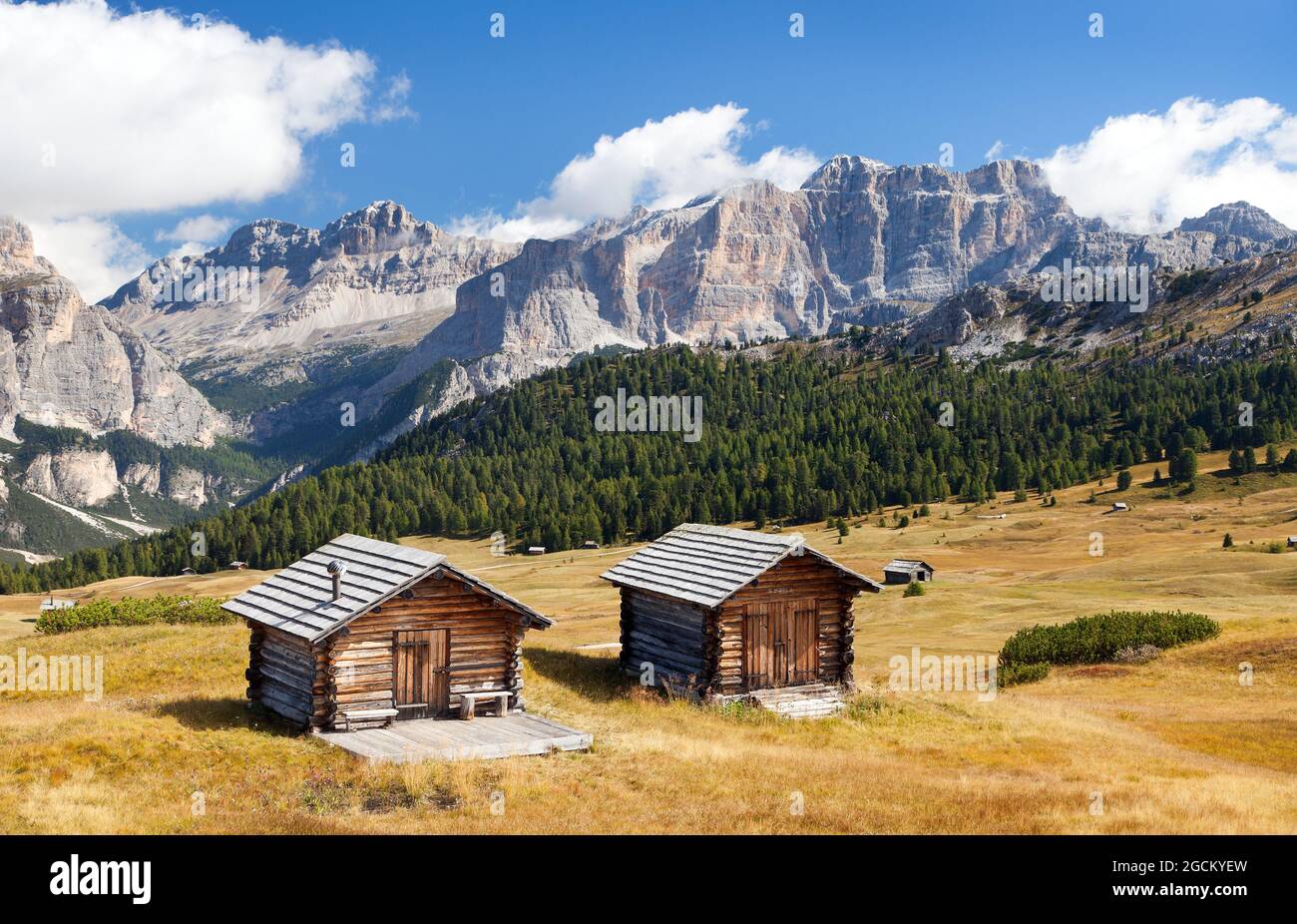 wooden small cabin in dolomities alps mountains, Italian dolomiti, Italy Stock Photo